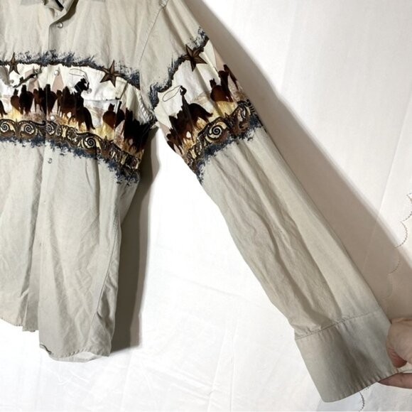 Vintage Panhandle Slim Beige Cowboy Horses Landscape Print Pearl Snap Shirt L - Picture 6 of 12